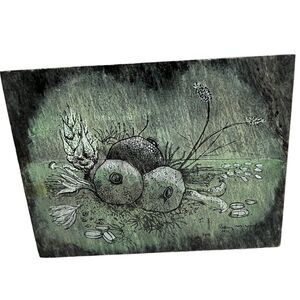 Rodney M. Winfield Stone Wall Plaque Etched Painted Slate Vintage Carved Harvest